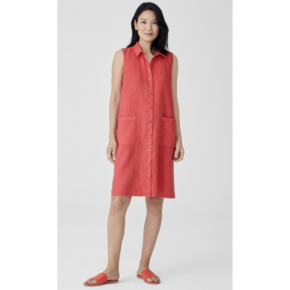 NWT Eileen Fisher Organic Linen Collar Garment-Dyed Shirt Dress Grenadine PS 228